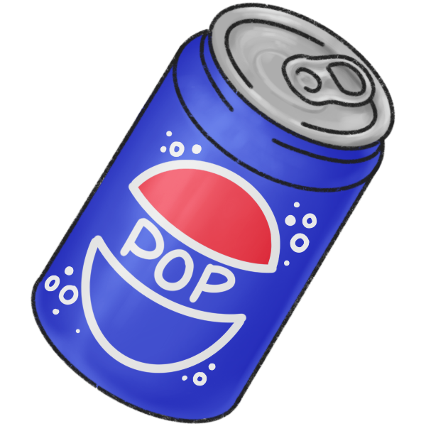  a blue pop can with a red and blue circle on it, and 'pop' written in white in the middle.